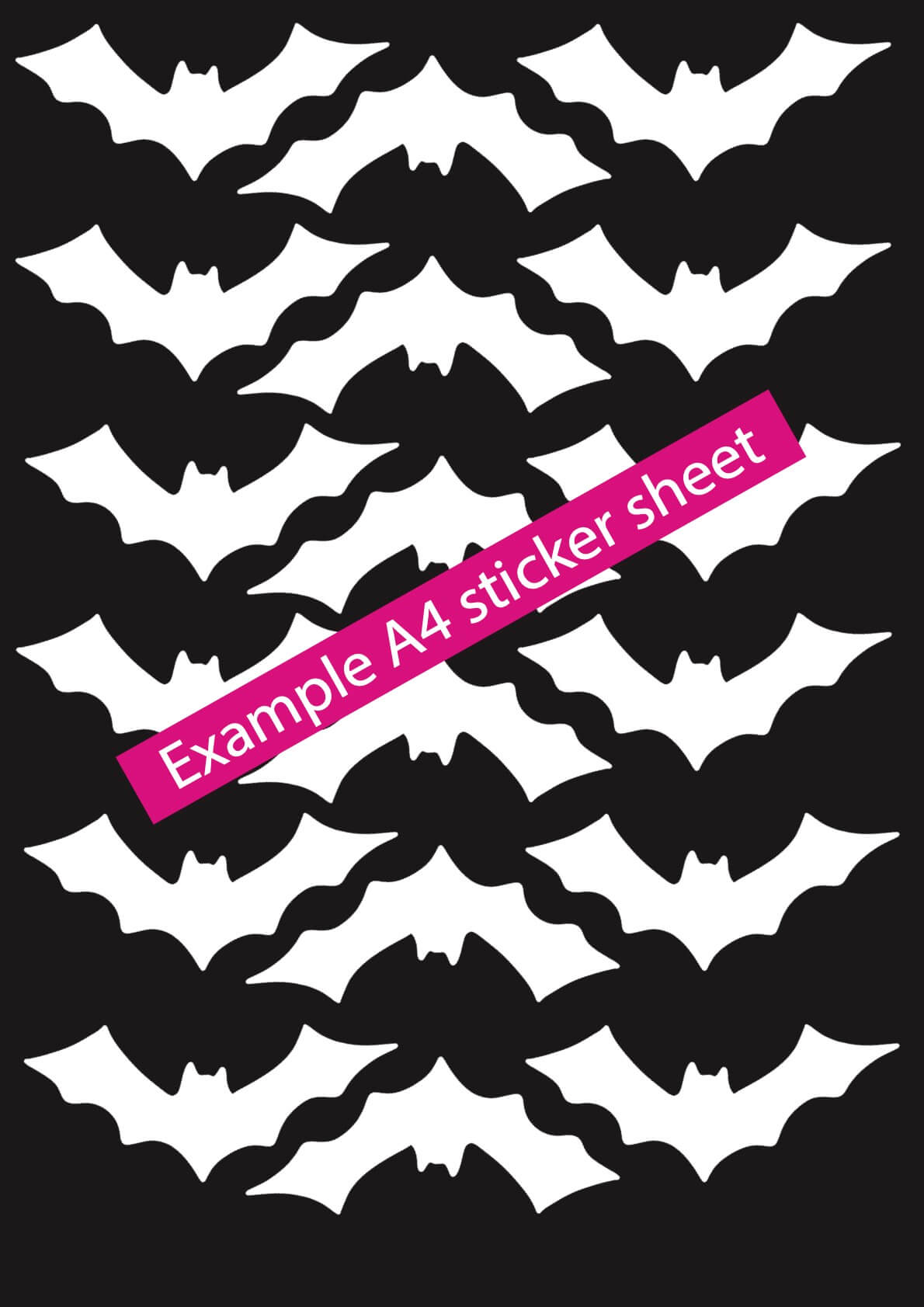 Sheet of black bat-shaped stickers with a pink label on a black background