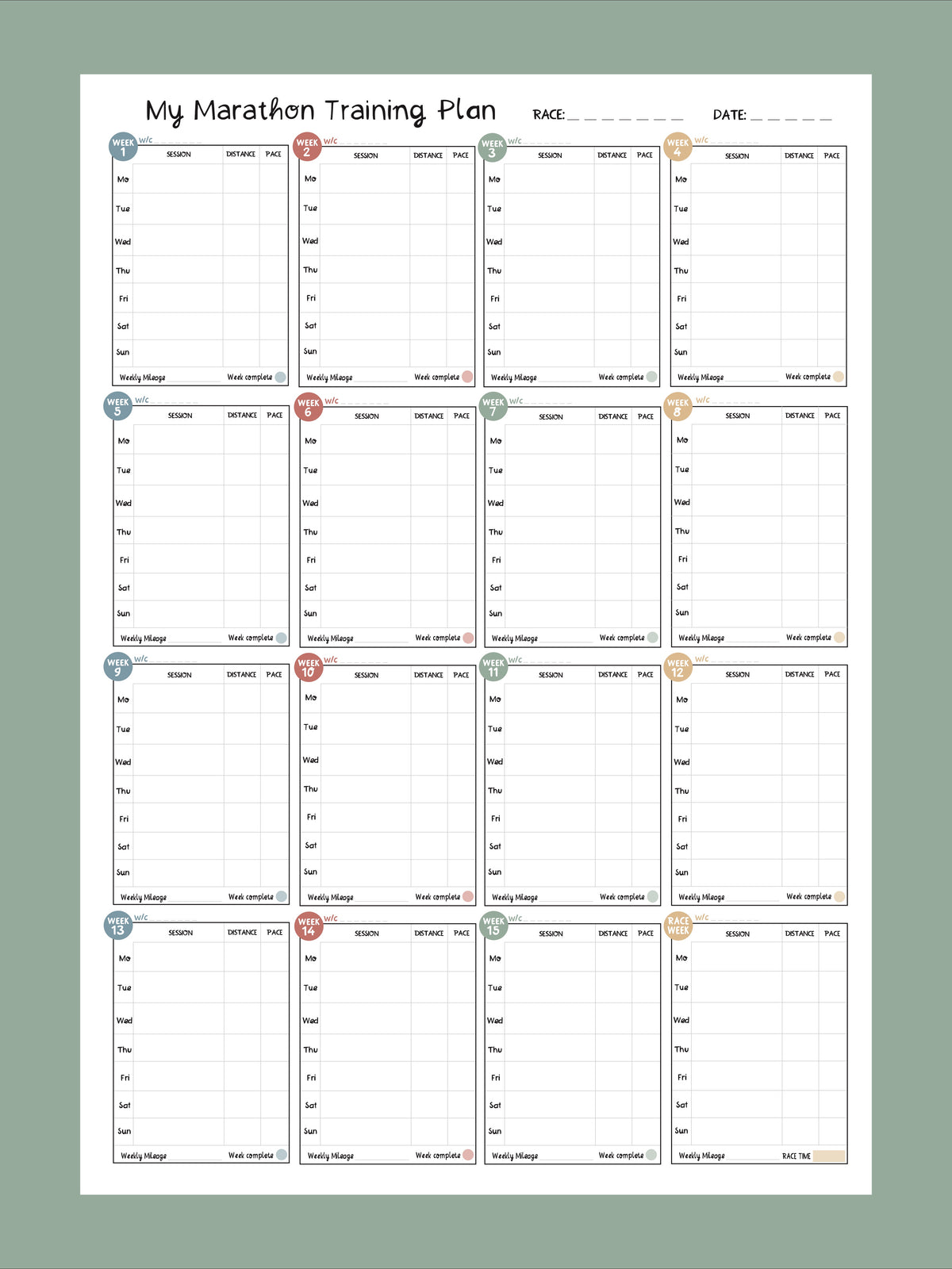 16 Week Marathon Planner - white
