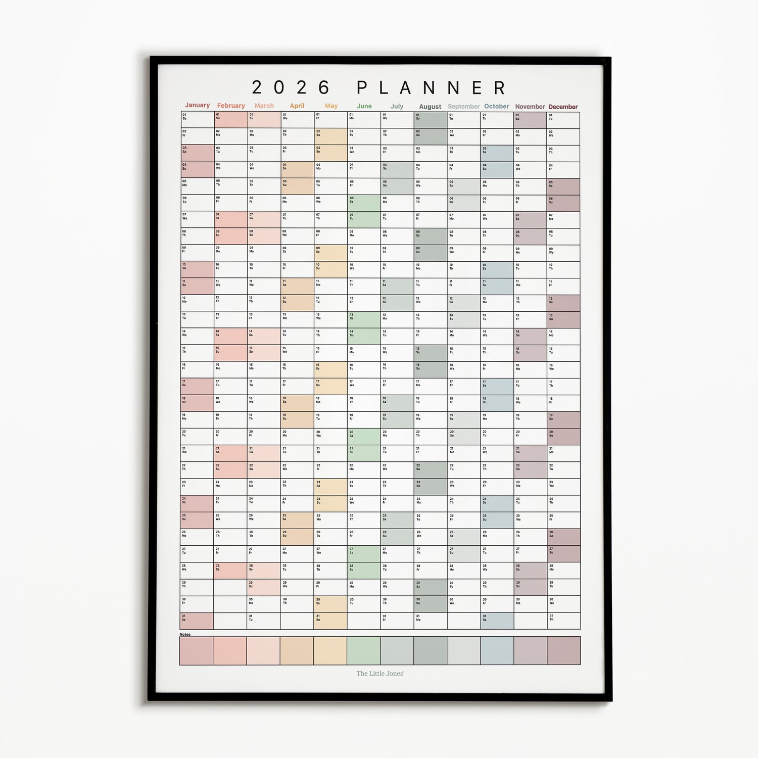 2026 wall planner with pastel colour grid on a white background