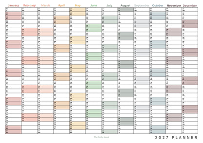 A 2027 annual wall planner with columns for each month and rows for days of the week. The top of the calendar shows the months January through December in muted pastel colors, and the bottom right reads '2027 PLANNER'.