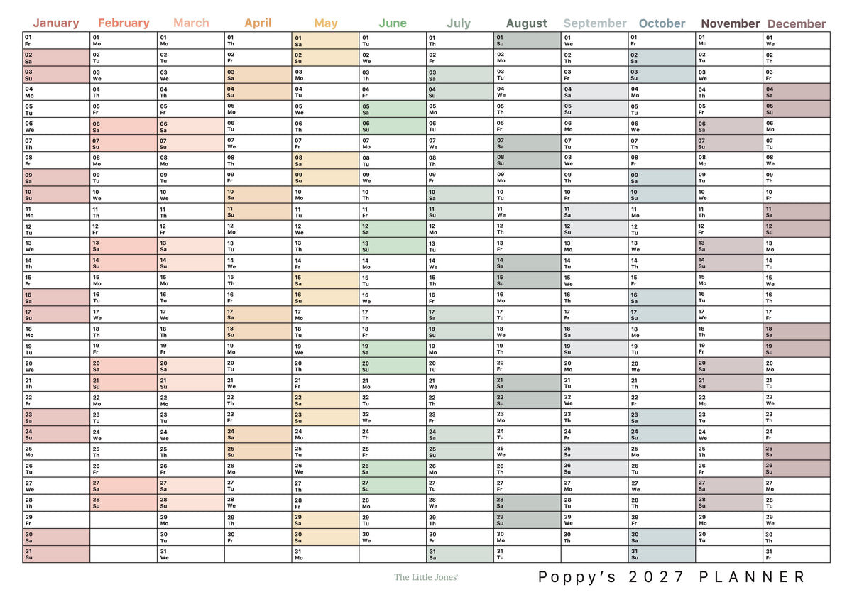 A personalised 2027 wall planner, showing January through December with colored monthly blocks and a warm beige background.