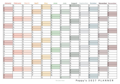 A personalised 2027 wall planner, showing January through December with colored monthly blocks and a warm beige background.