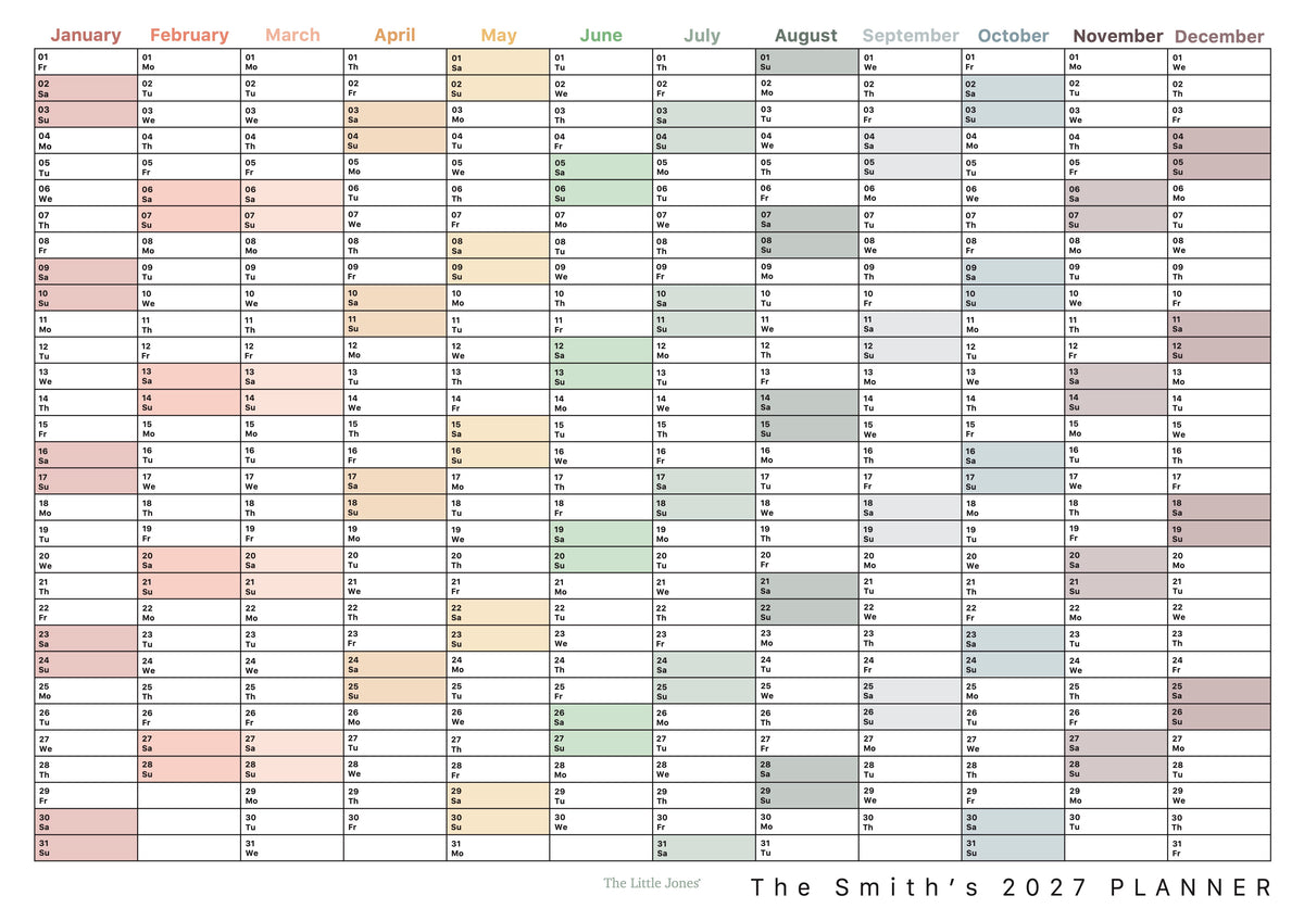 A personalised 2027 wall calendar. The calendar features columns for each month from January to December, with pastel-coloured blocks highlighting days across the year.