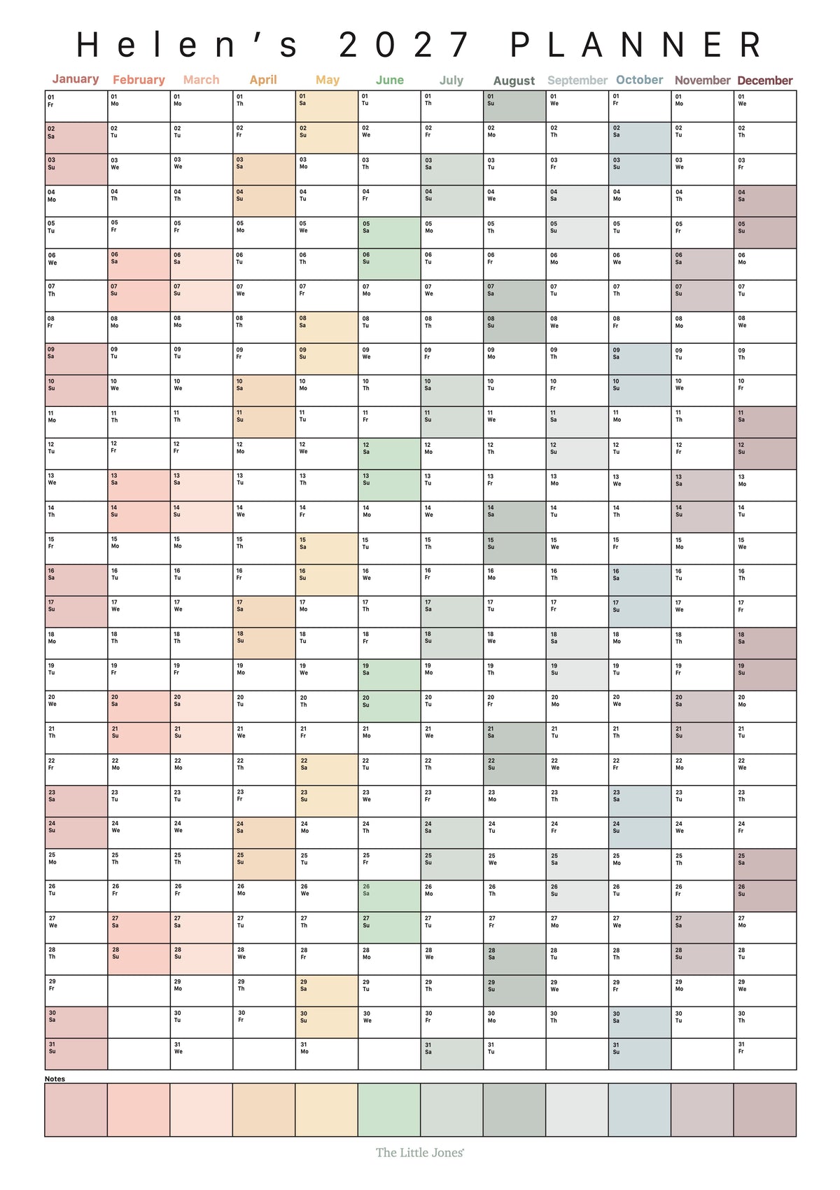 A printable weekly planner page titled 'Helen's 2027 PLANNER' with a monthly grid from January to December, each day highlighted in a soft pastel color, on a white background.