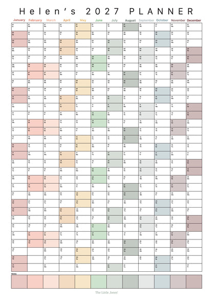 A printable weekly planner page titled 'Helen's 2027 PLANNER' with a monthly grid from January to December, each day highlighted in a soft pastel color, on a white background.