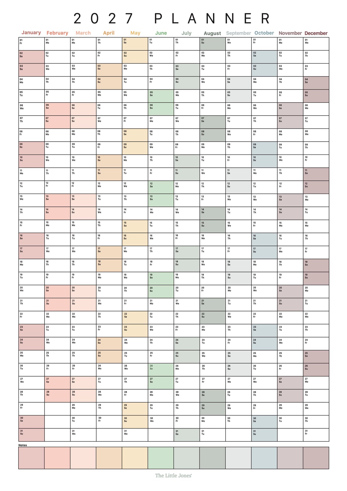 A 2027 annual wall planner with a monthly calendar grid, where each month is highlighted in a different soft pastel colour. The title '2027 PLANNER' is printed at the top.