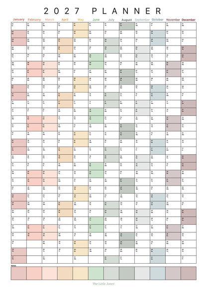 A 2027 annual wall planner with a monthly calendar grid, where each month is highlighted in a different soft pastel colour. The title '2027 PLANNER' is printed at the top.