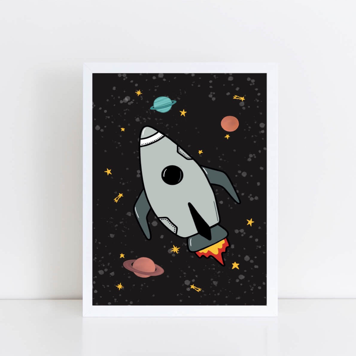 Illustration of a rocket ship in space with planets and stars on a dark background.