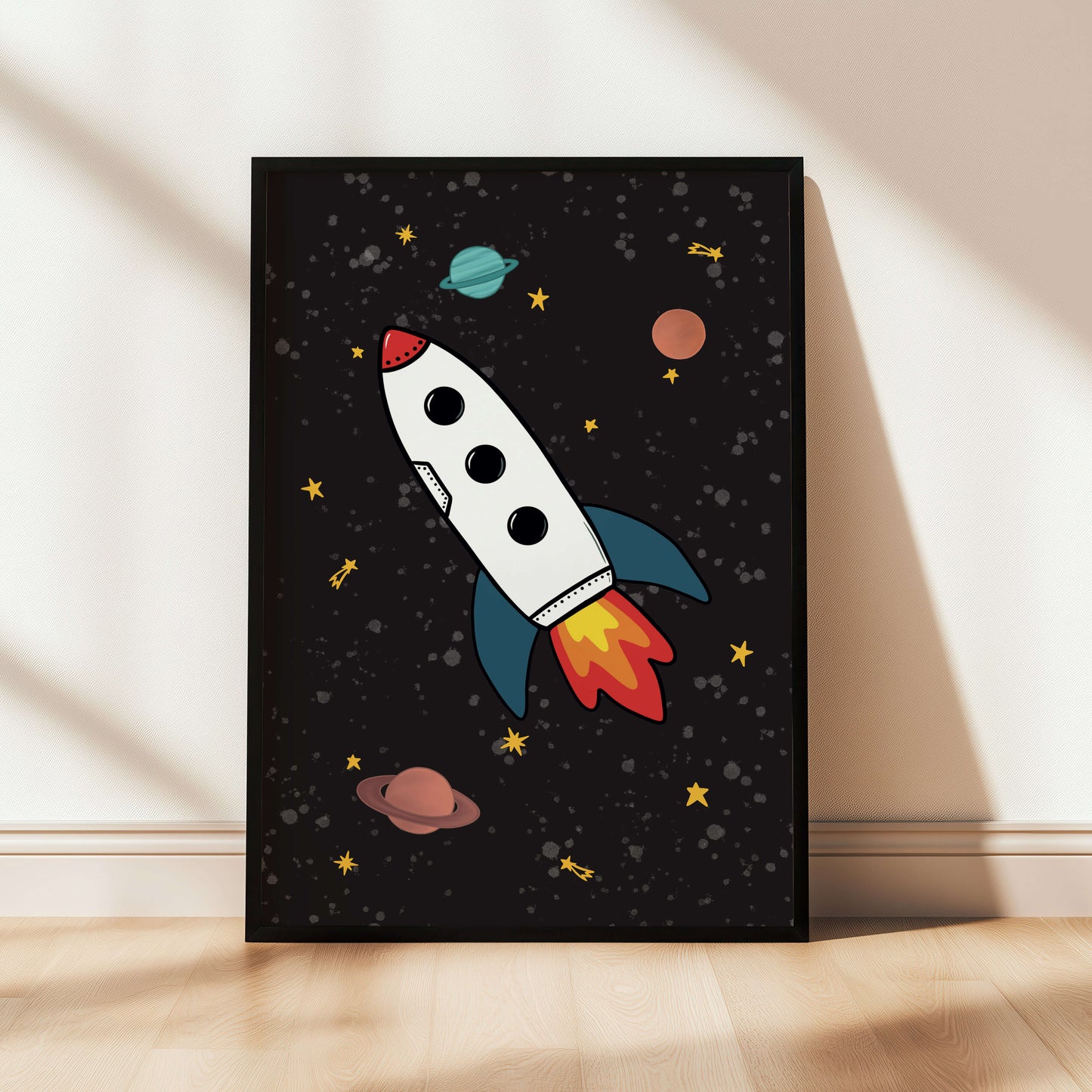 Framed artwork of a rocket ship in space with planets and stars on a dark background.