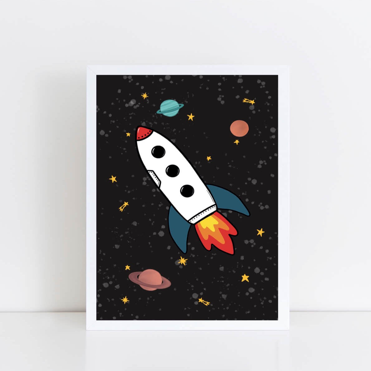 Framed artwork of a rocket ship in space with planets and stars on a dark background.
