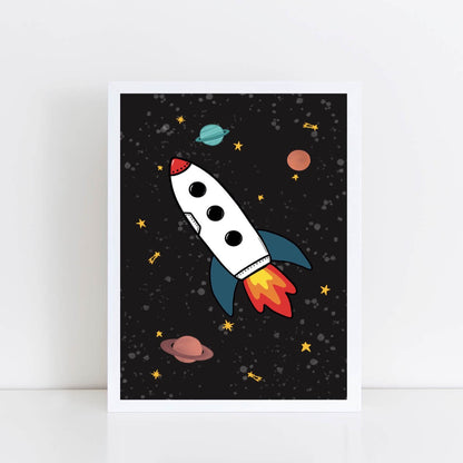 Framed artwork of a rocket ship in space with planets and stars on a dark background.