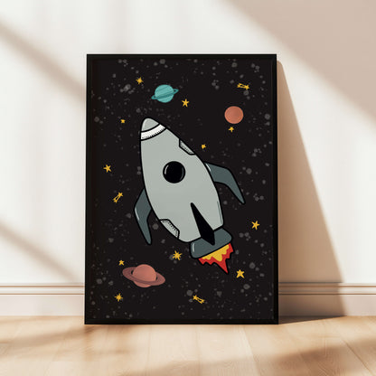 Black framed kids space print of a rocket ship with planets and stars on a dark background.