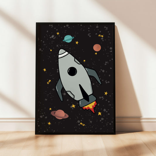 Black framed kids space print of a rocket ship with planets and stars on a dark background.