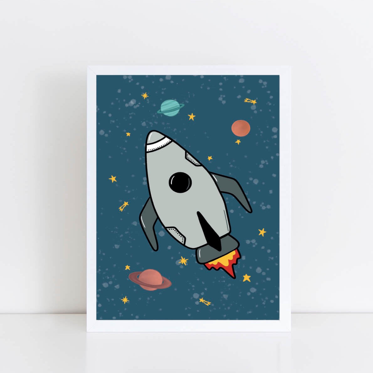Illustration of a rocket ship in space with planets and stars on a blue background.