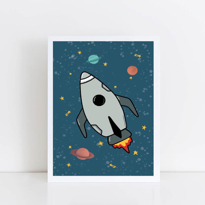 Illustration of a rocket ship in space with planets and stars on a blue background.