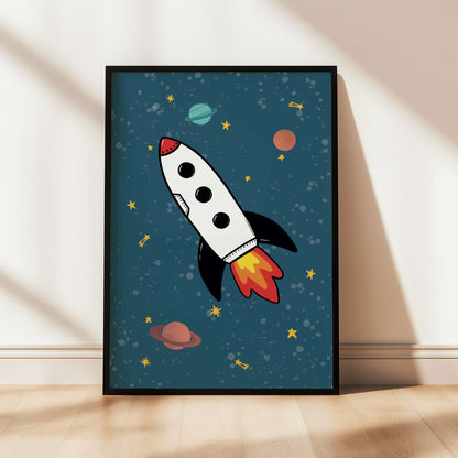 Framed artwork of a rocket ship in space with planets and stars on a blue background.