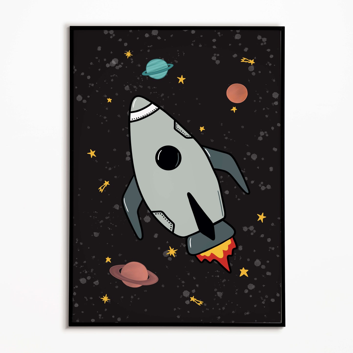 Children's bedroom illustration of a rocket ship in space with planets and stars on a dark background