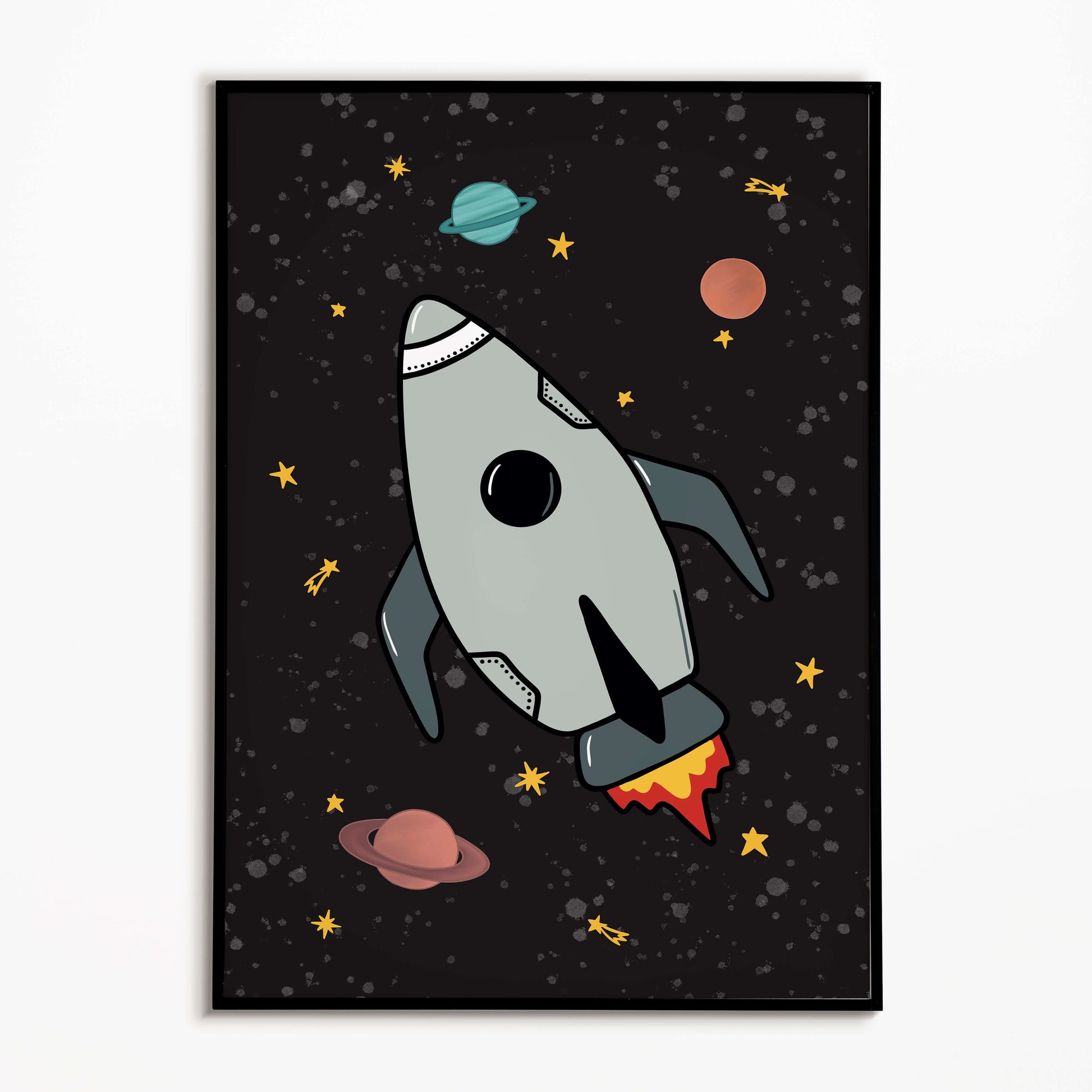 Children's bedroom illustration of a rocket ship in space with planets and stars on a dark background