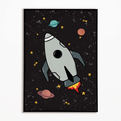 Children's bedroom illustration of a rocket ship in space with planets and stars on a dark background