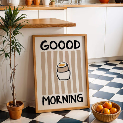Framed breakfast print with 'GOOD MORNING' text in a kitchen setting