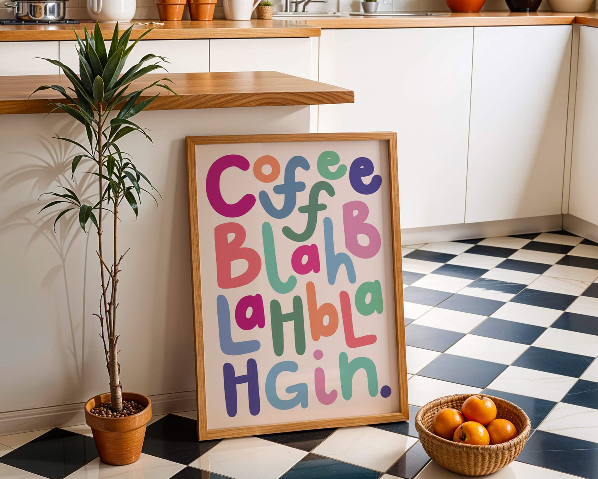 Coffee and gin wall art print in a kitchen setting