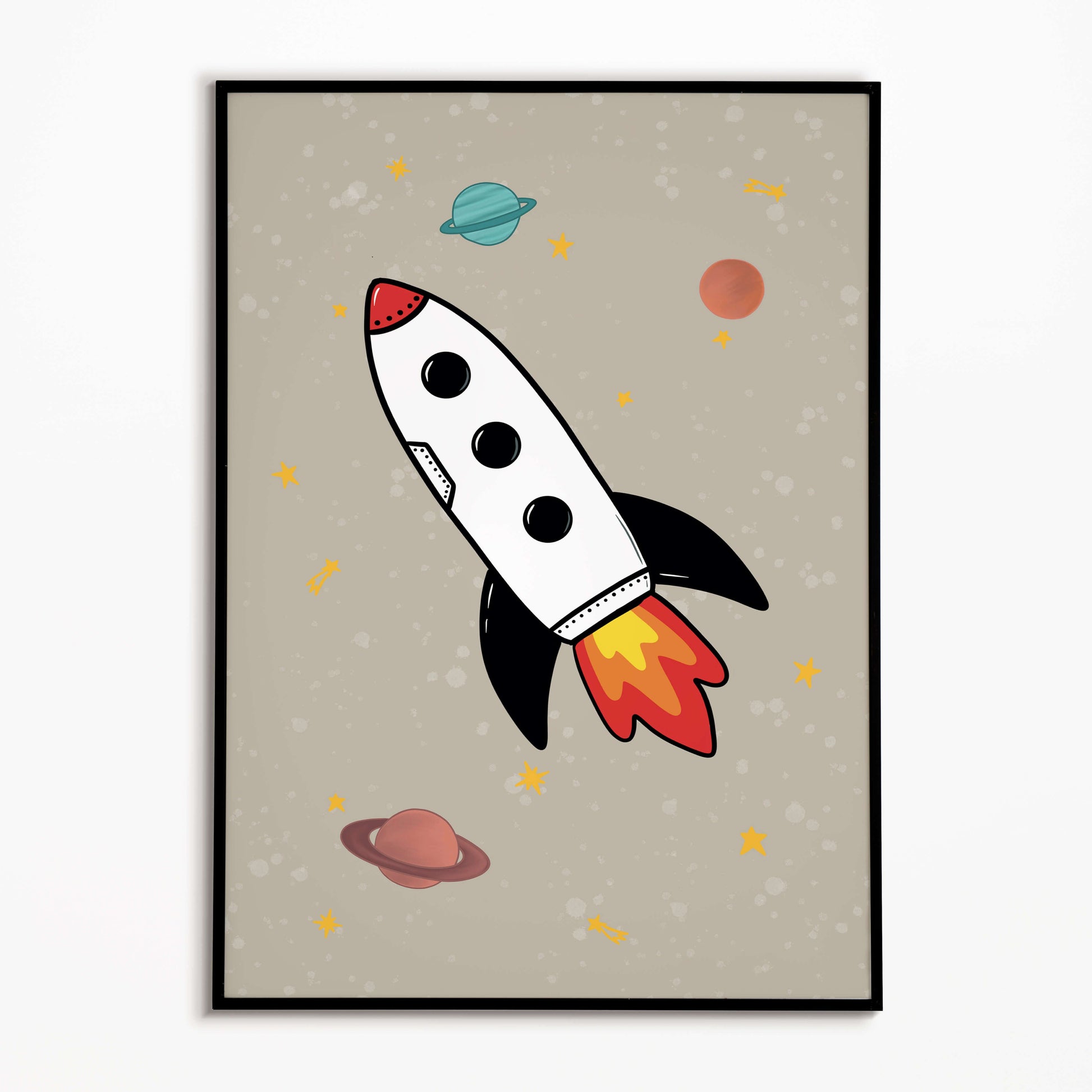 Framed boys' bedroom print of a rocket ship on a beige background with planets and stars.