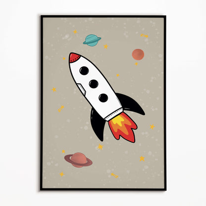 Framed boys' bedroom print of a rocket ship on a beige background with planets and stars.