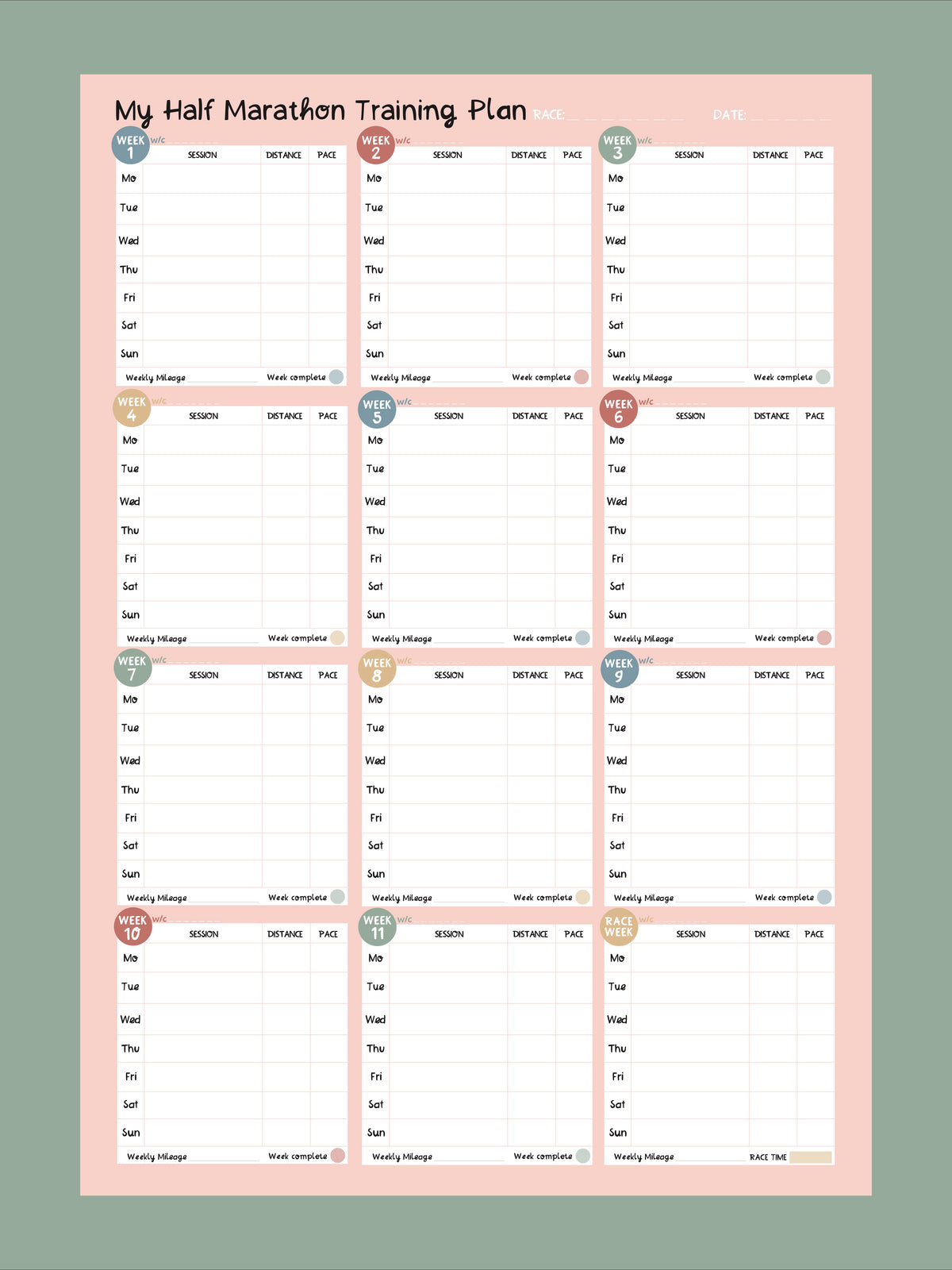12 Week Half Marathon Planner - pink