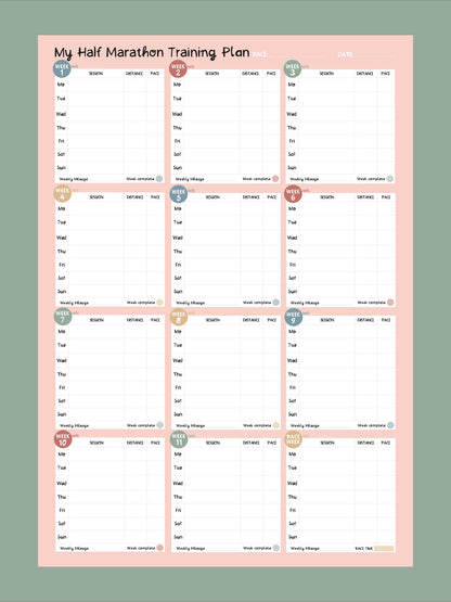 12 Week Half Marathon Planner - pink