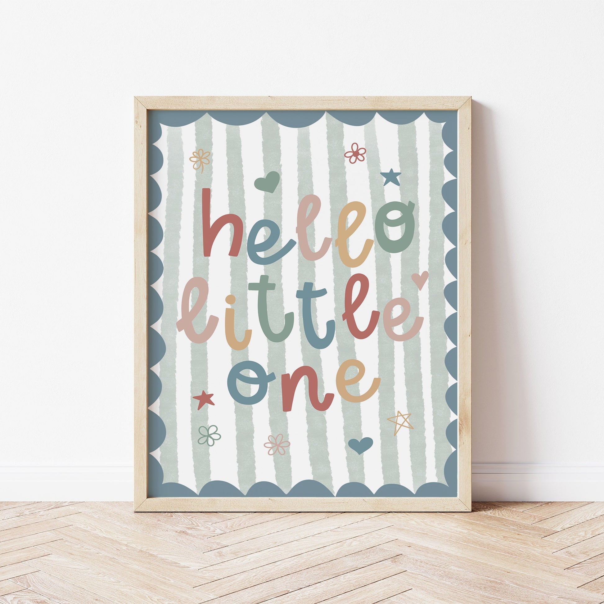 Hello little one blue and green striped nursery print.