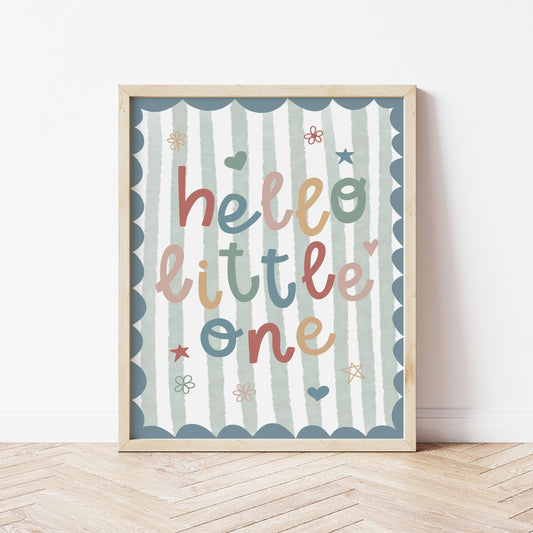 Hello little one blue and green striped nursery print.