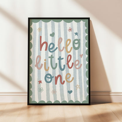 Boys' nursery print with 'hello little one' text on a striped background