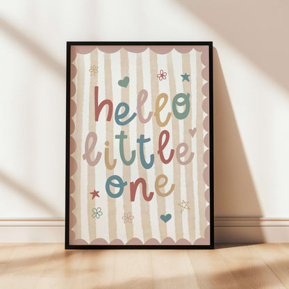 Nursery wall art with 'hello little one' text with pink scalloped edge