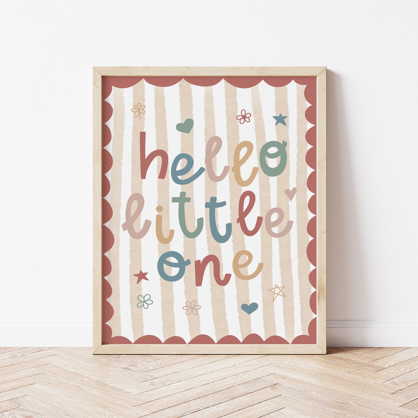 Hello Little One nursery print with a red scallop edge and pale yellow stripes