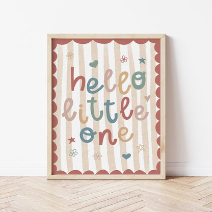 Hello Little One nursery print with a red scallop edge and pale yellow stripes