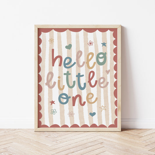 Hello Little One nursery print with a red scallop edge and pale yellow stripes