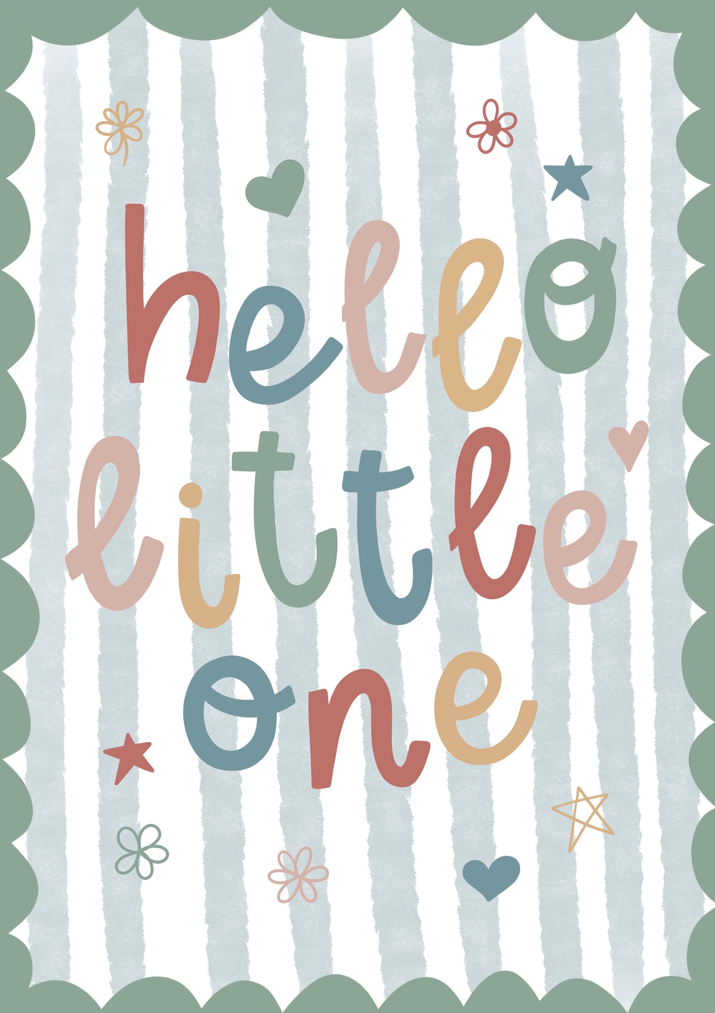 Circus nursery print 'hello little one' with colourful letters on a striped background