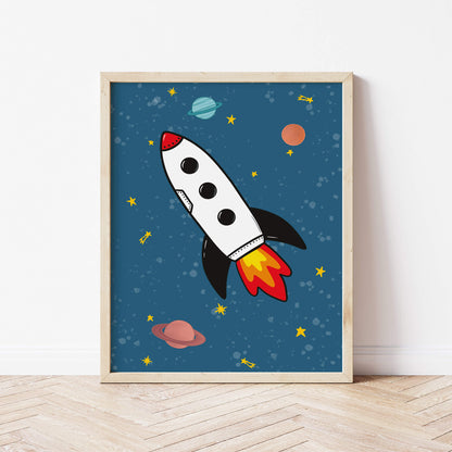 Framed artwork of a rocket ship in space with planets and stars on a blue background.
