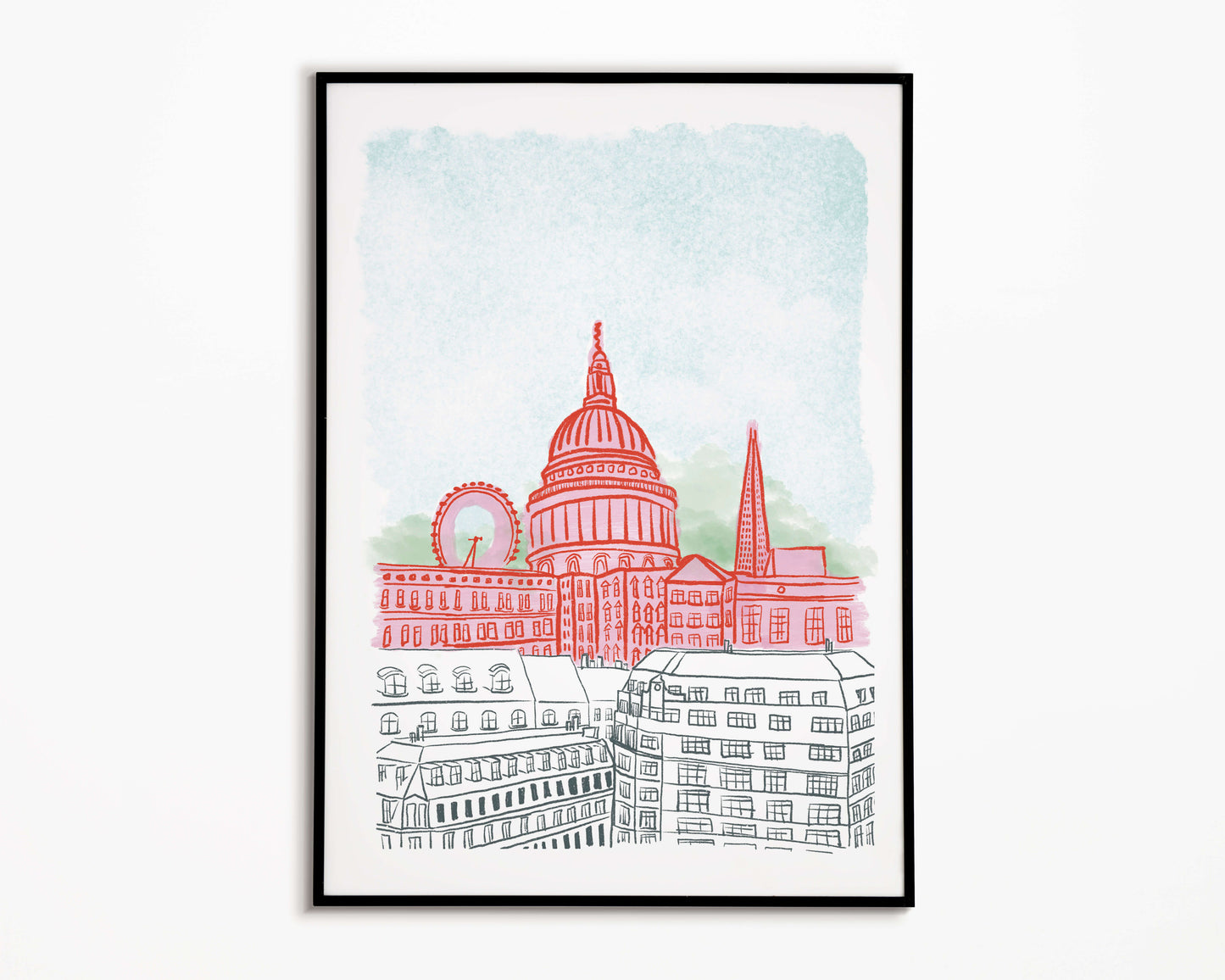 Framed artwork of London cityscape with St Paul's Cathedral on a light blue background.