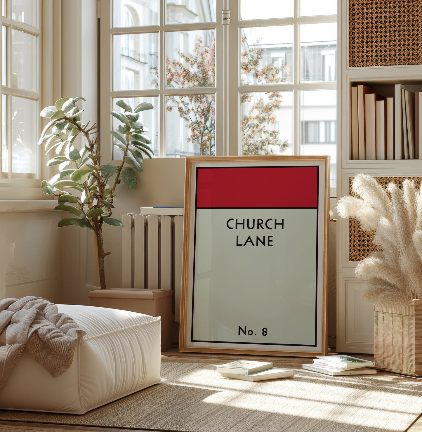 Framed artwork with 'Church Lane No. 8' in a bright room with plants and books.