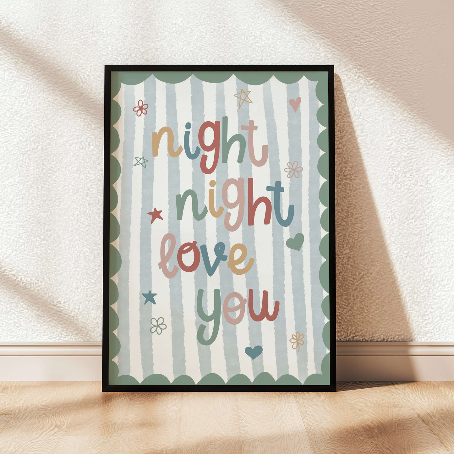 Nursery print with 'night night love you' text on a blue striped background with a green scalloped edge.