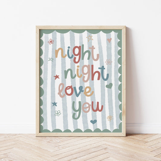 Wood framed artwork with 'night night love you' text on a blue striped background with a green scalloped edge.
