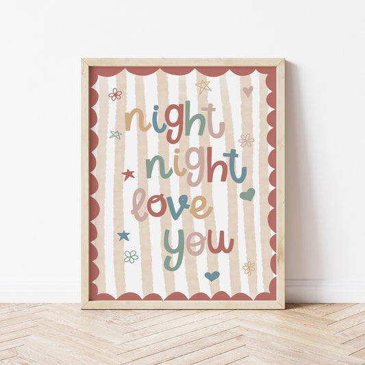 Wooden framed girls nursery print with circus red scalloped edge and yellow striped background.