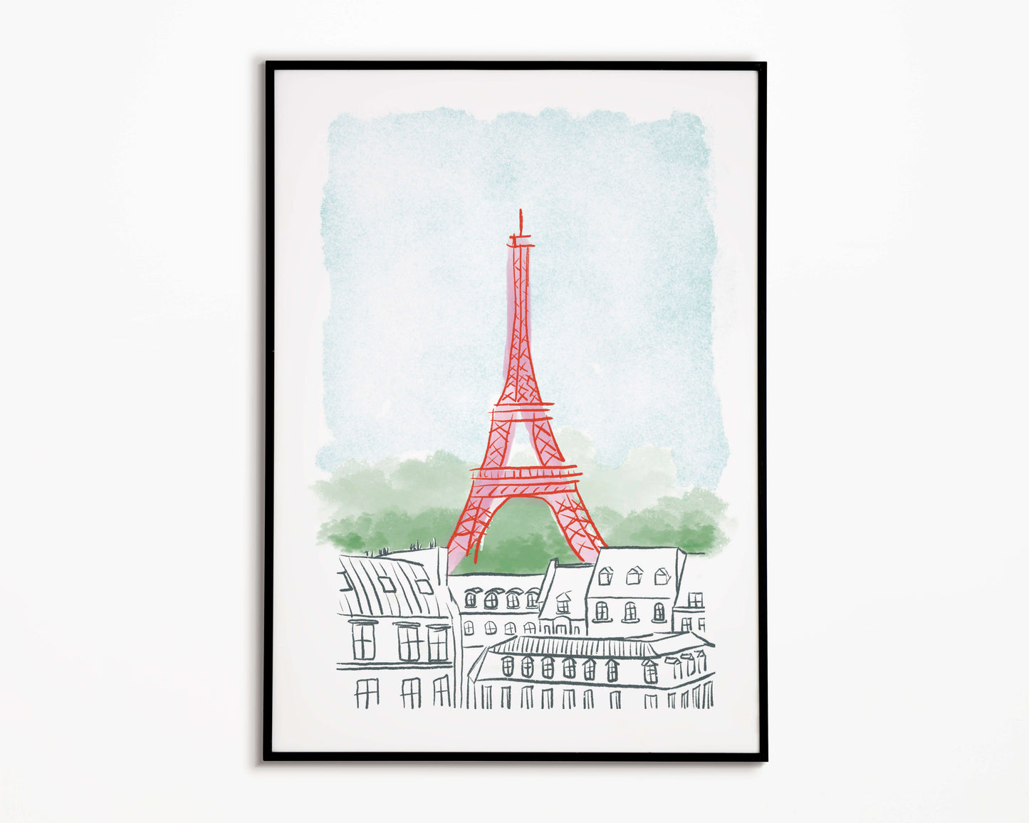 Framed artwork of the Eiffel Tower with a watercolor background