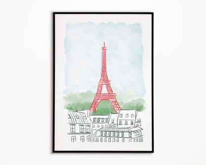 Framed artwork of the Eiffel Tower with a watercolor background