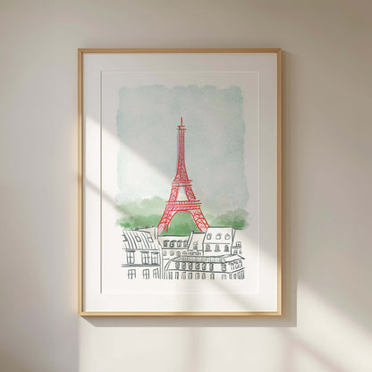 Framed artwork of the Eiffel Tower on a light background