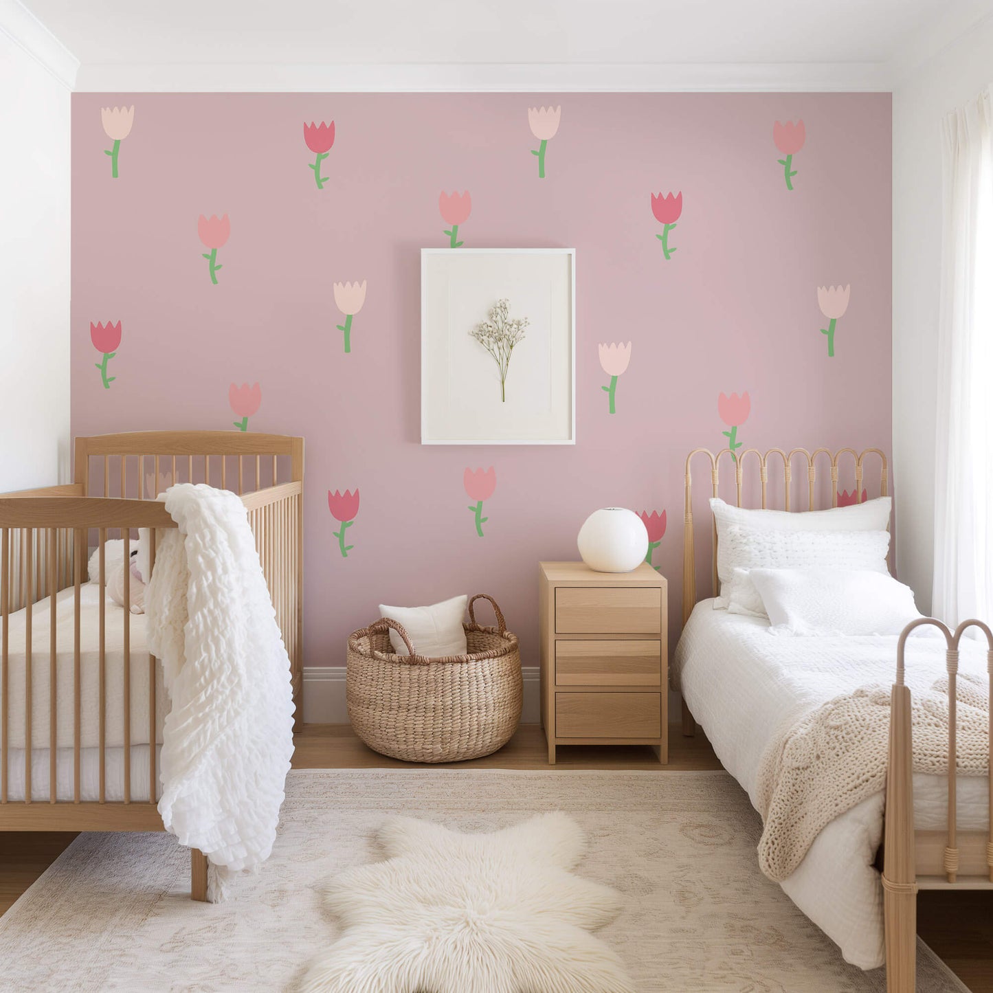 Floral wallpaper look using pink flower wall stickers.