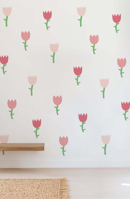 Tulip wall stickers in different shades of pink, giving a wallpaper look.
