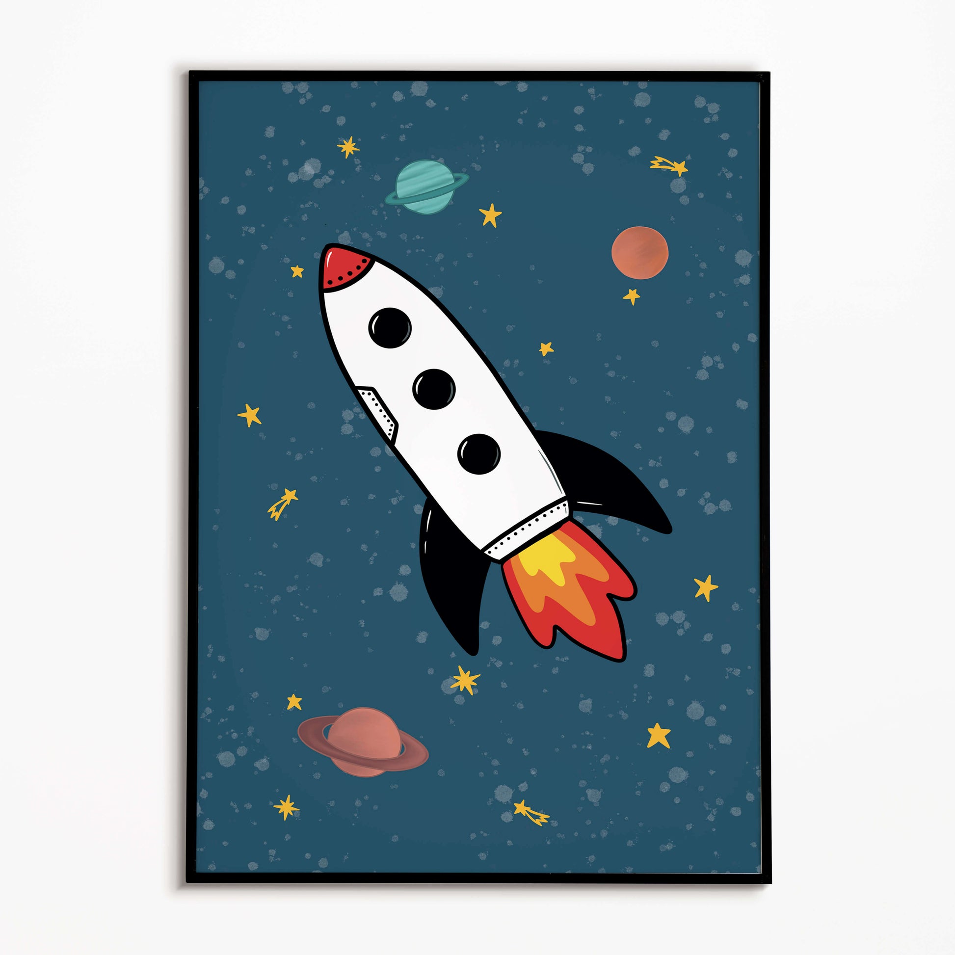 Children's illustration print of a rocket ship in space with planets and stars on a blue background.
