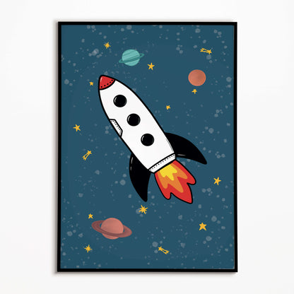 Children's illustration print of a rocket ship in space with planets and stars on a blue background.